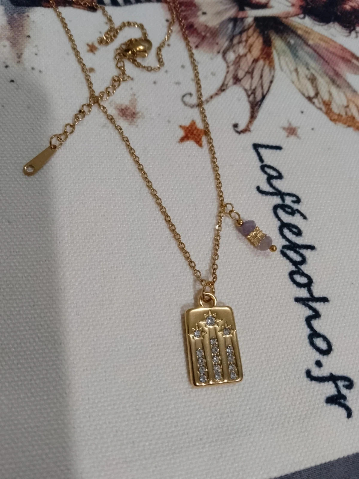 Collier bohème médaillon zircons et pampilles en pierres naturelles d'améthyste